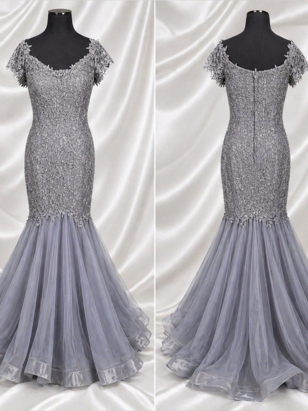 Madeline Gardner NY Lace Overlay Sequins Tulle Mermaid Gown Formal Sz 10 Gray